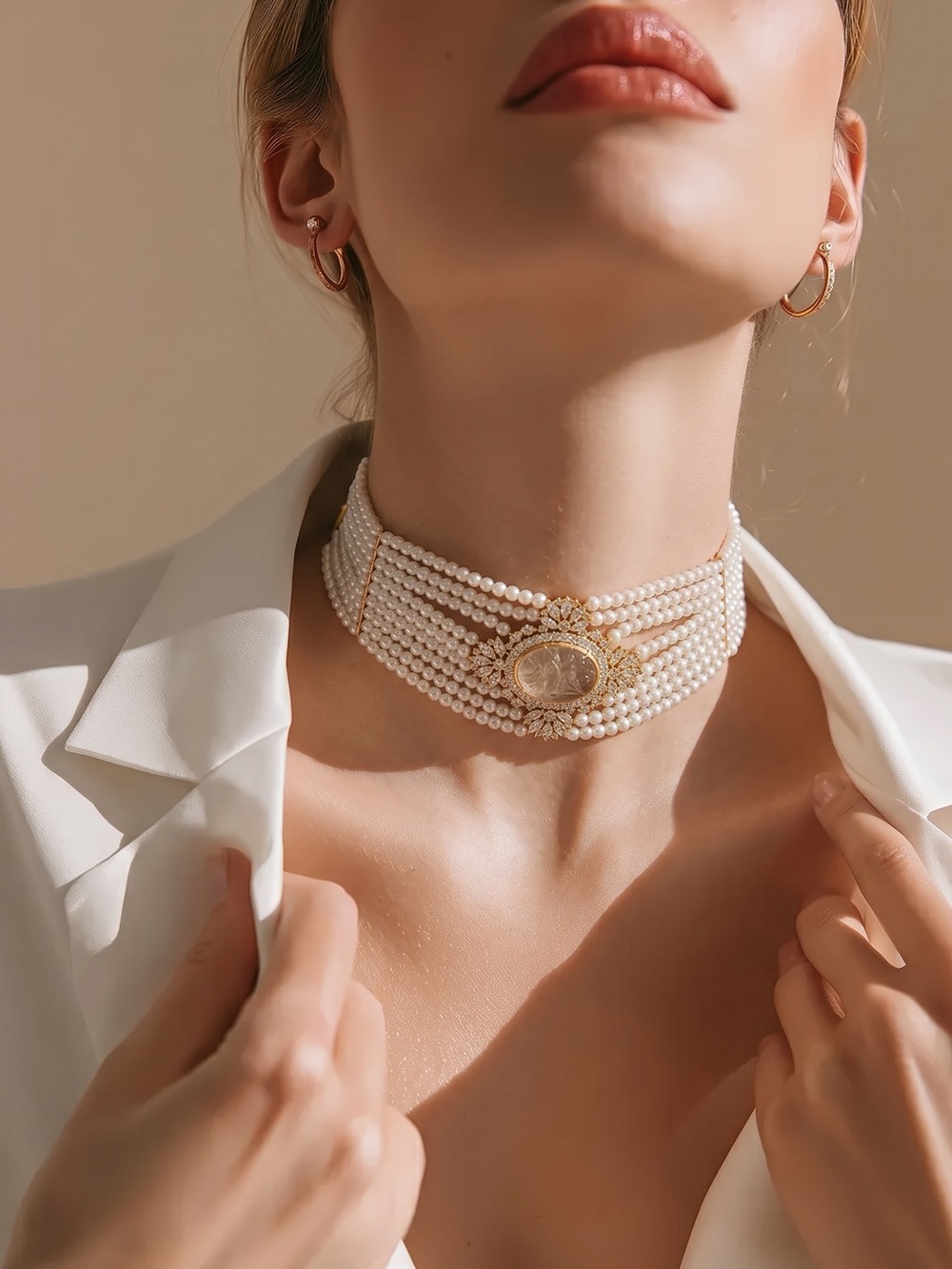 Pearl Multi-Row Choker Necklace set with Gold Medallion